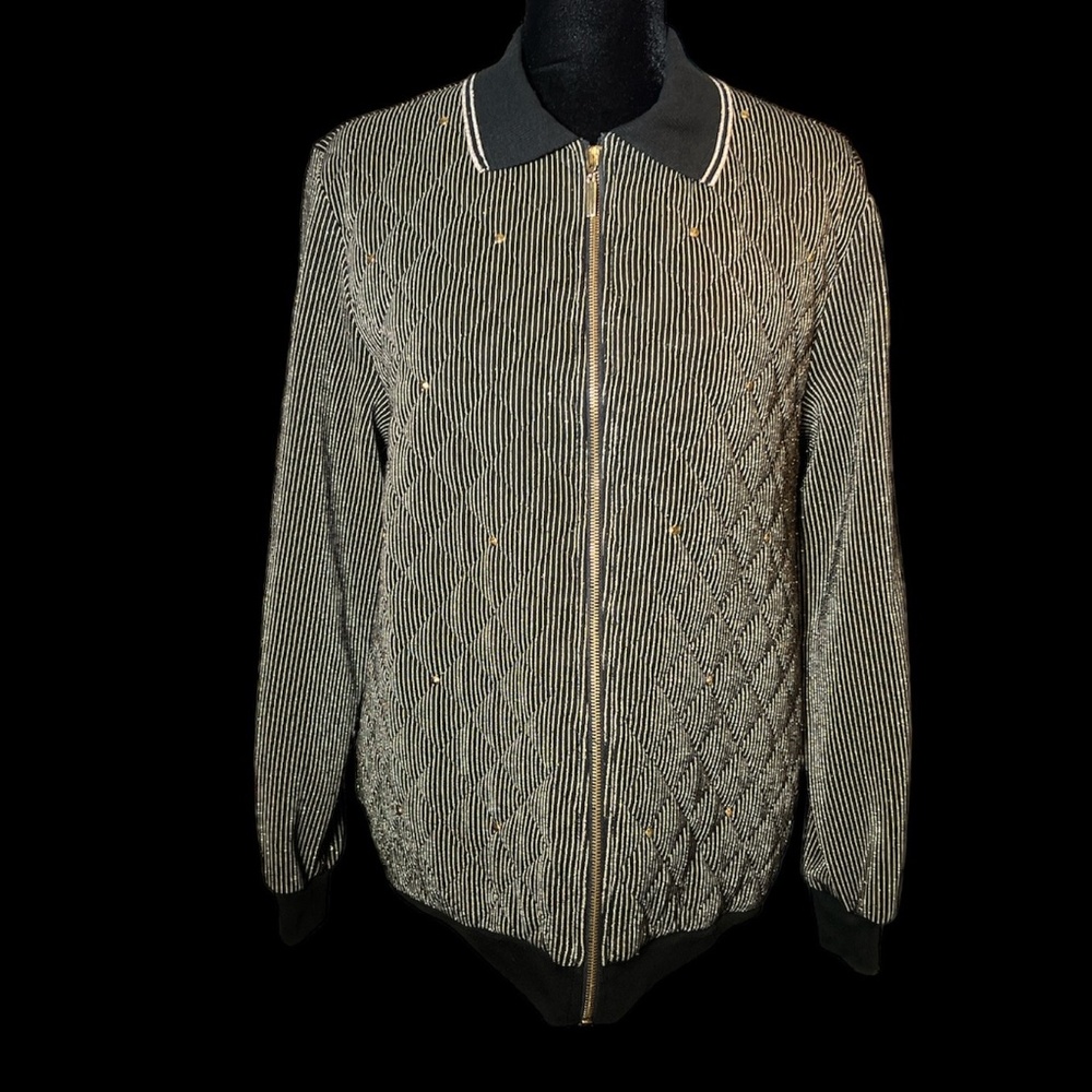 Graff - Retro Metallic Gold Thread & Studs Front Zip Ribbed Jacket - Size M